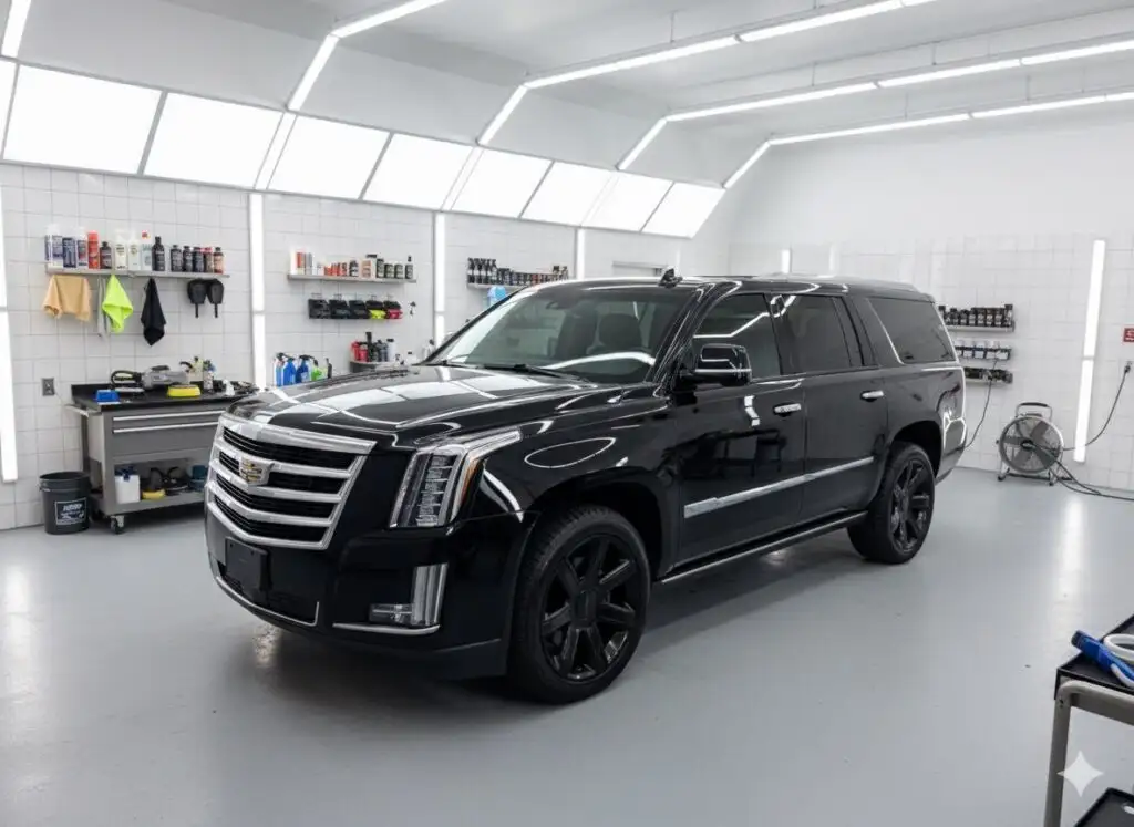 Ceramic Bros auto detailing and paint protection film services for black Cadillac Escalade.